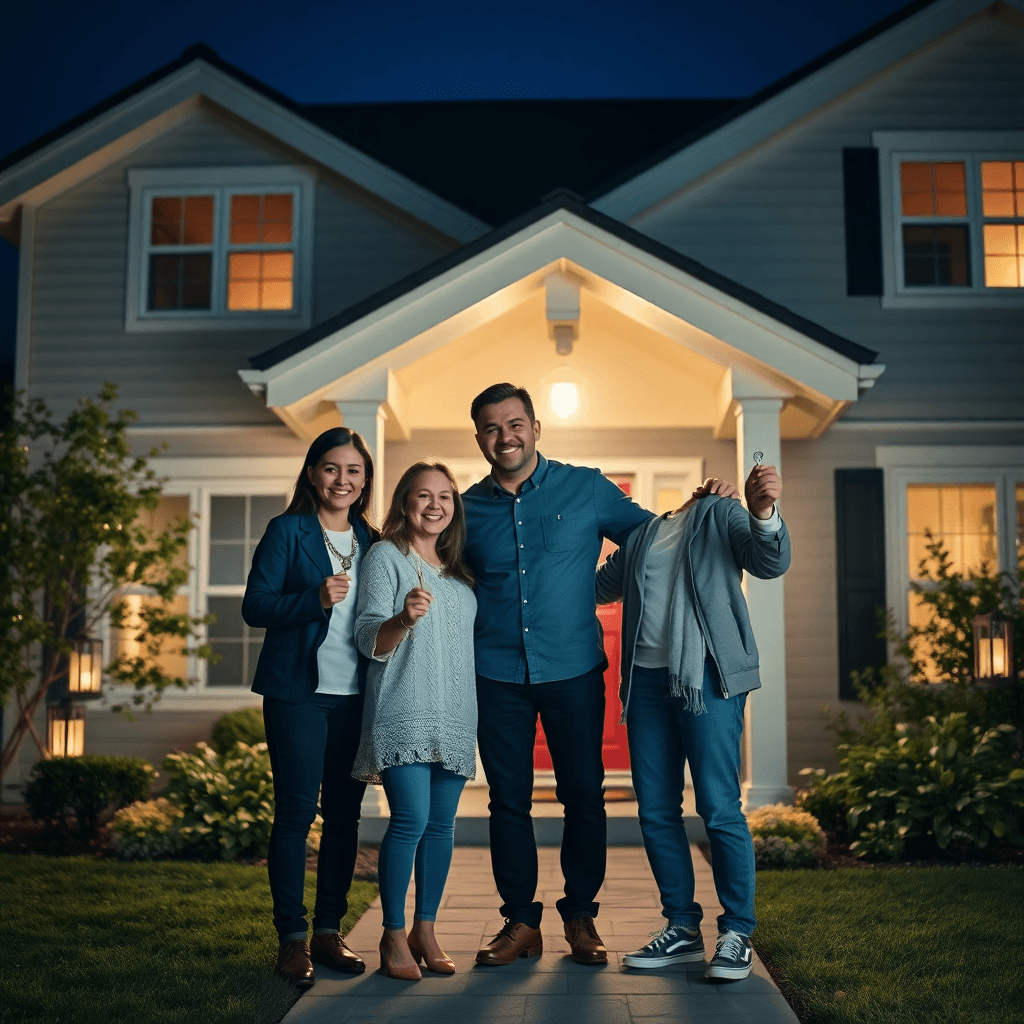happy family in front of their new home